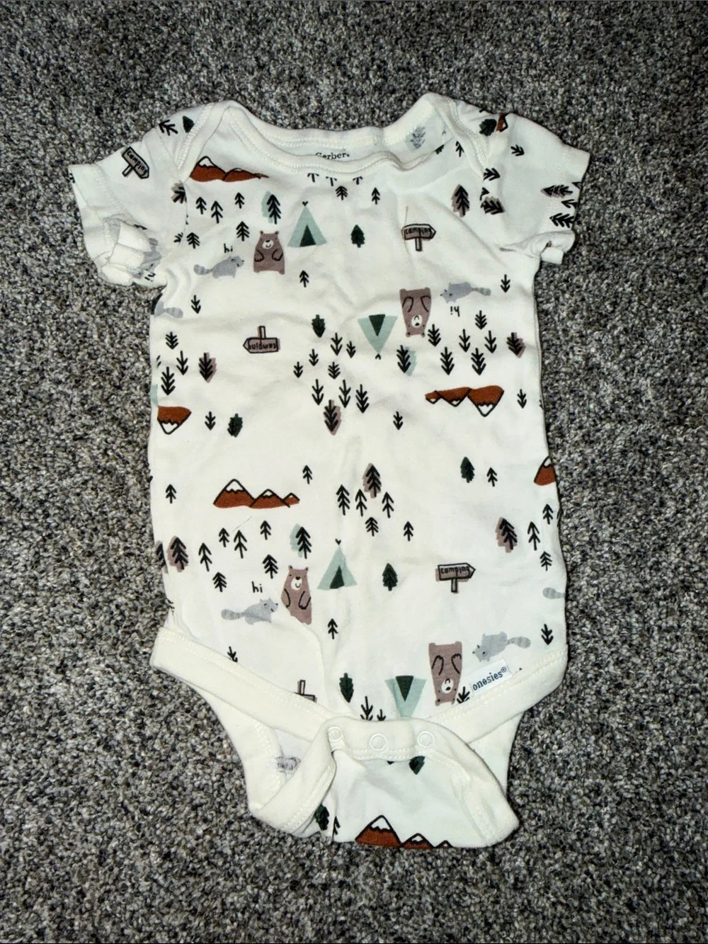 Gerber Cream Woodland Bear Print One-Piece with Green Accents